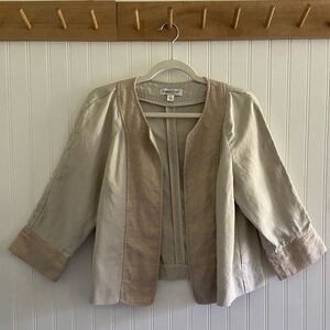 Coldwater Creek Linen Blend 3/4 Sleeve Cropped Jacket Tan Metallic Gold Leaves M